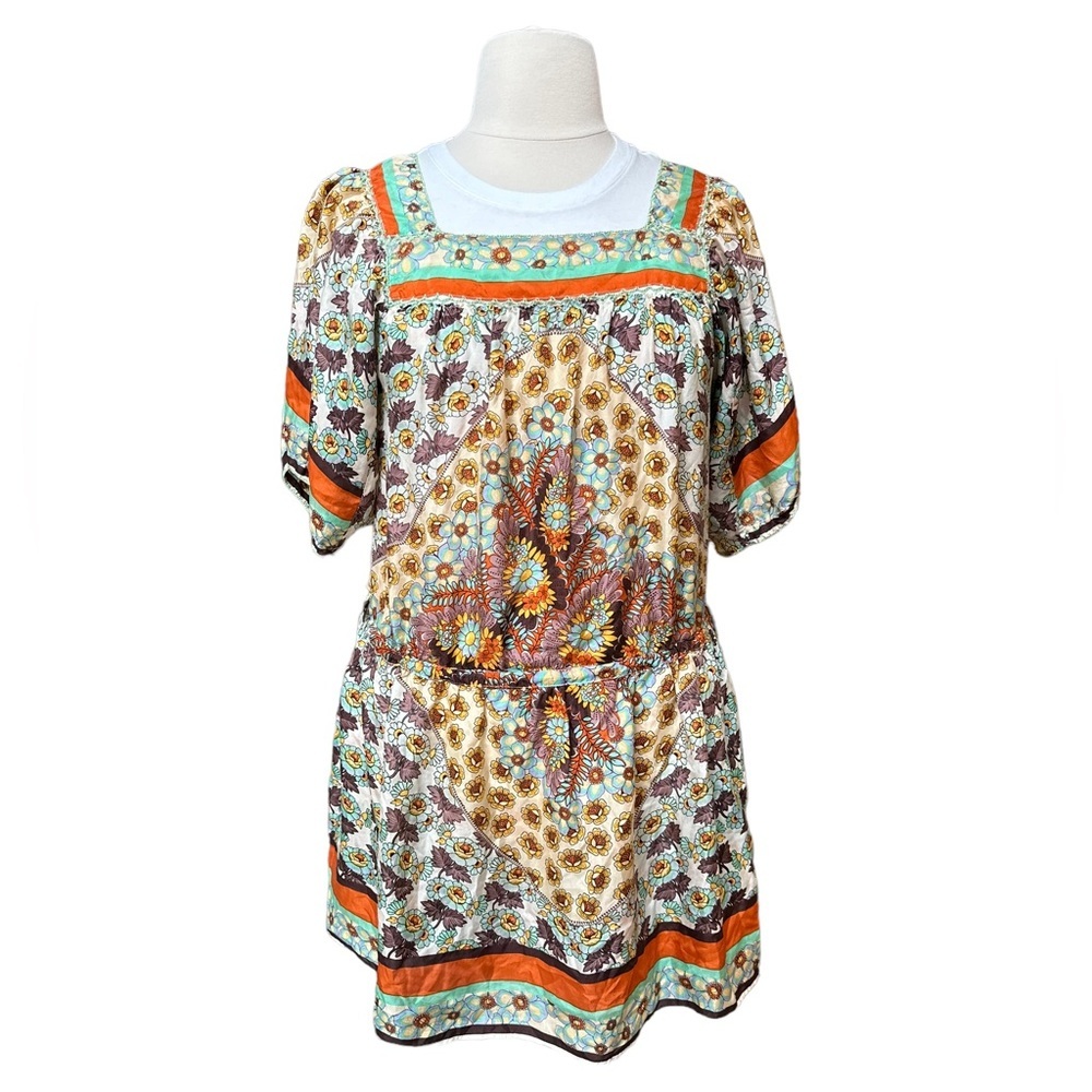 Johnny Was Women's 100% Silk Floral Print Square Neck Boho Midi Dress Size L
